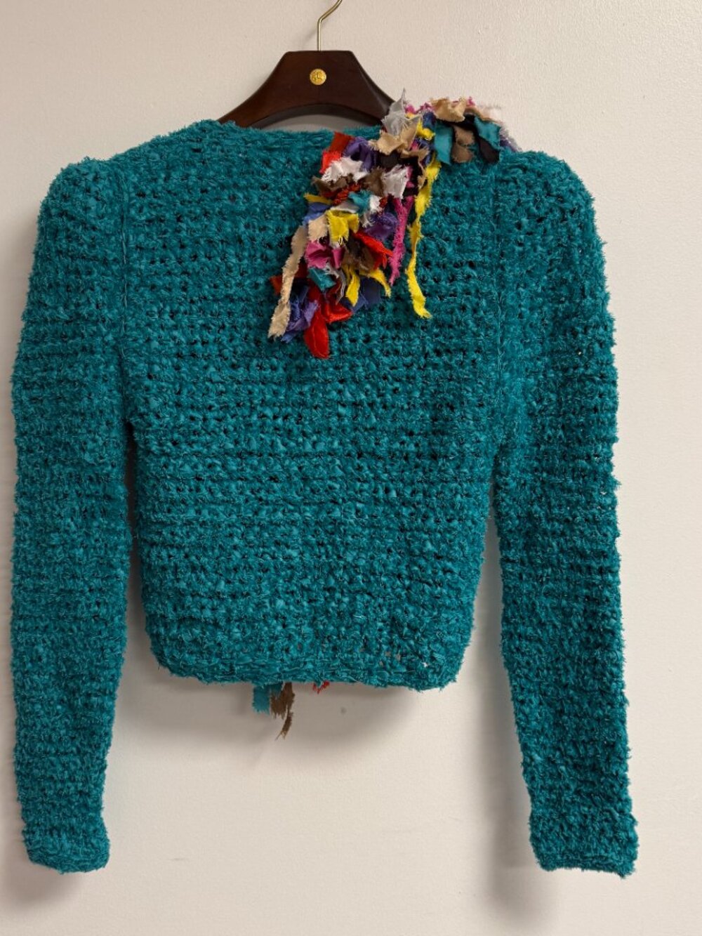 Vintage 80s Teal Multicolor Stretch Knit Unique Artsy Cardigan Sweater S/M - Picture 8 of 10